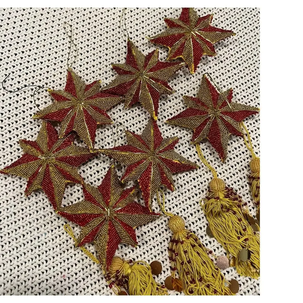 Vintage Art Deco Beaded Star Tassel Christmas Ornaments Gold Red Sparkles Set